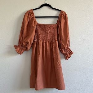 Kourt Anthropologie Burnt Orange Flax Smocked Babydoll Dress Size Small